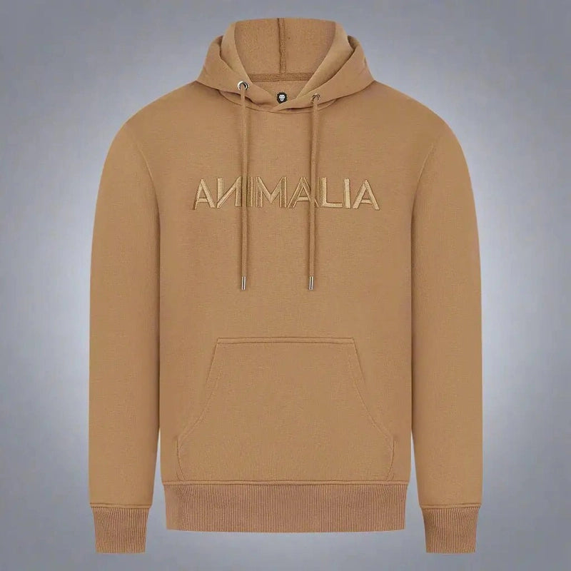 Tan Animalia embroidered luxury cotton hoodie with ribbed cuffs