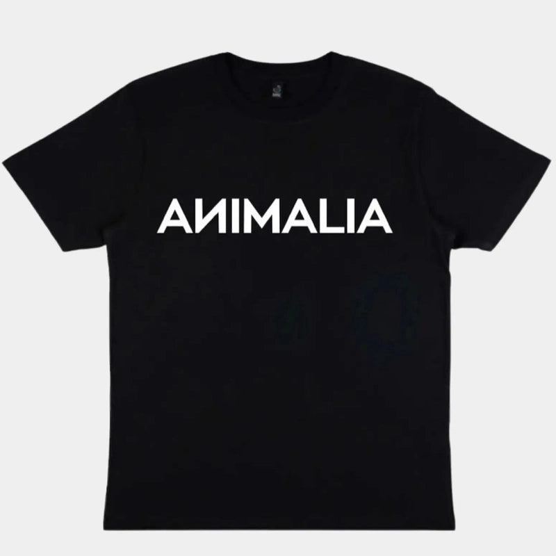 Black organic cotton crew neck t-shirt with white ANIMALIA logo