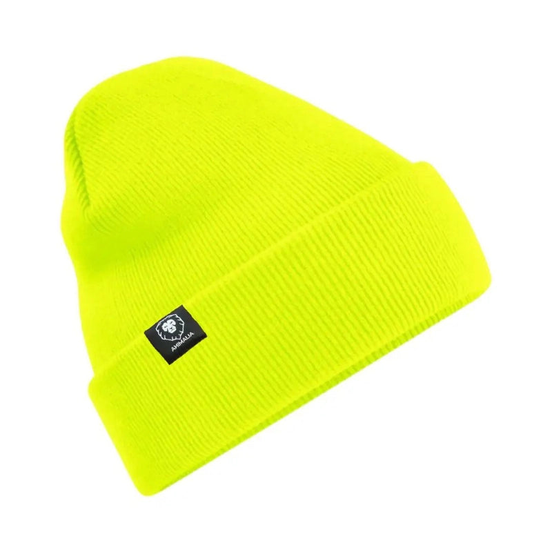 Neon yellow ribbed knit beanie with folded cuff and white lion head label