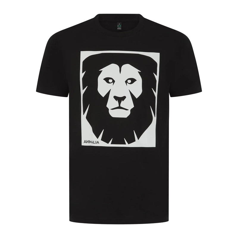 Unisex black crew neck t-shirt featuring front-facing lion print design