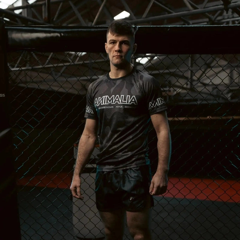 Men's gray and black camo print BJJ training t-shirt with ANIMALIA logo