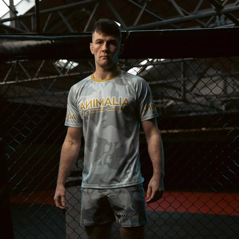 Gold lettered light gray camo print men's gym t-shirt and shorts set