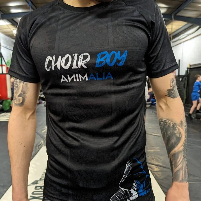 Front view black Choirboy T-shirt 2.0 with stylized logo and hooded figure graphic