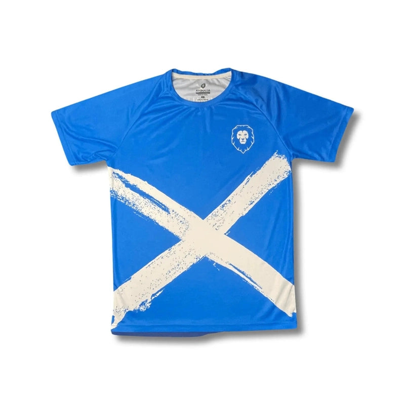 Royal blue Saltire athletic t-shirt featuring Scottish flag design for grappling