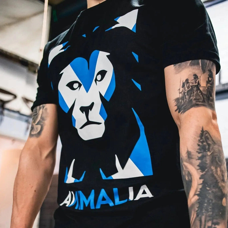 Close-up of black organic cotton t-shirt chest logo detail