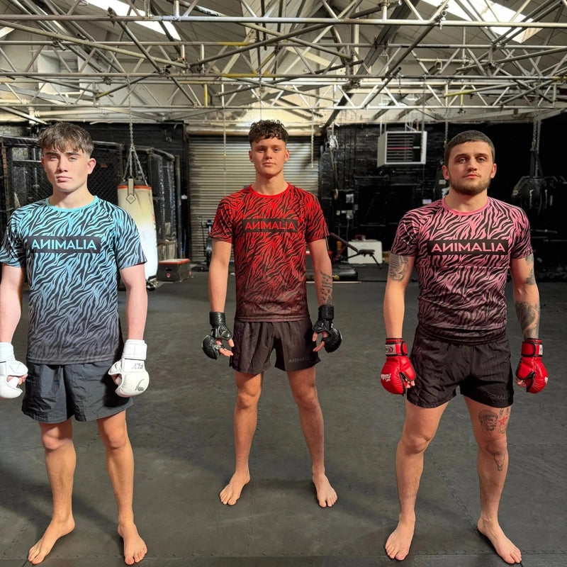 Group of men modeling blue, red, and pink zebra print gym shirts