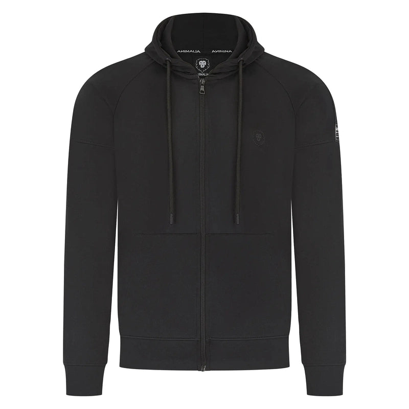 Black ANIMALIA full-zip hooded sweatshirt with kangaroo pocket and embroidered lion logo