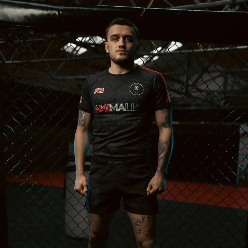 Black UK Home Nations sports T-shirt with Union Jack and lion logo on model